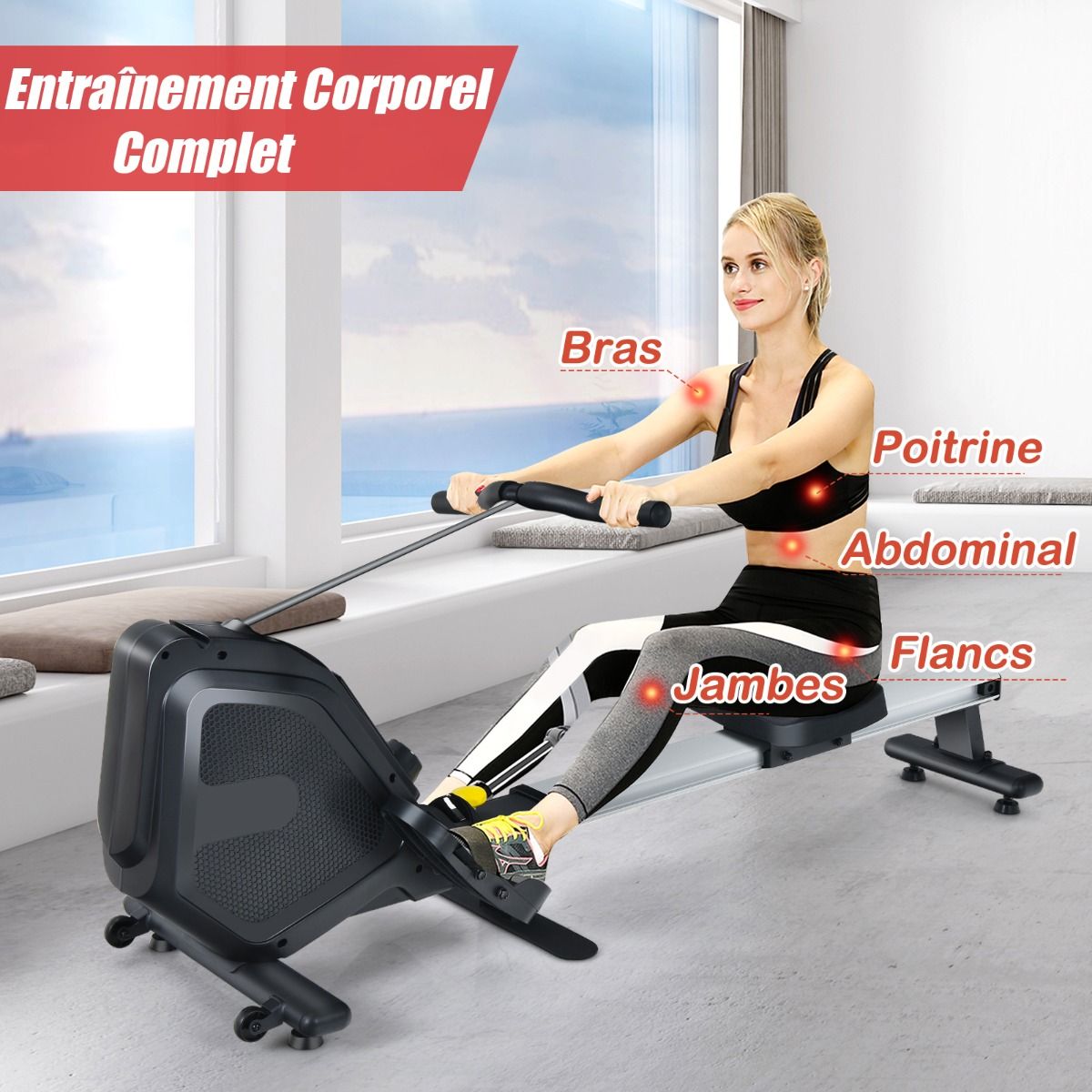Magnetic Rowing Machine 8-Level Resistance Foldable 2 Flexible Wheels Aluminum Sliding Rail LCD Screen Device Support -