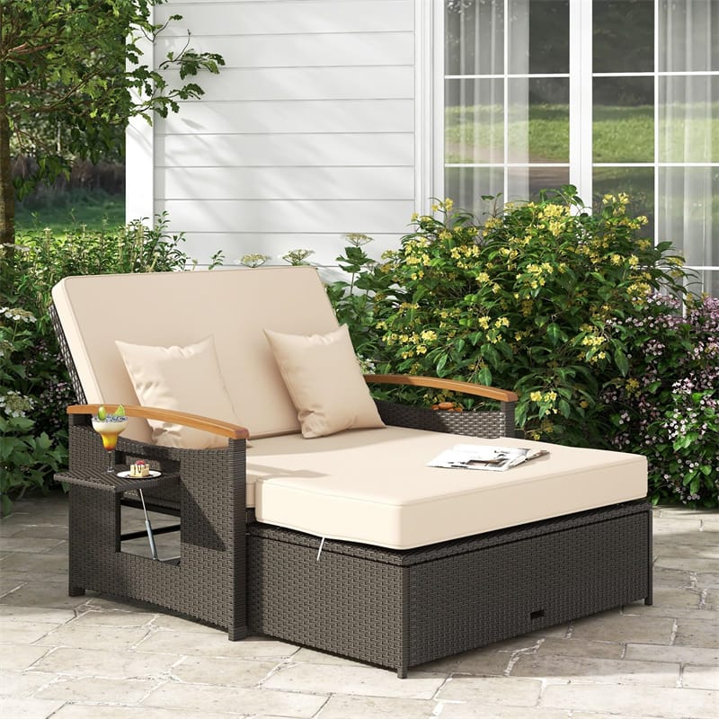 Patio Rattan Daybed with Adjustable Backrest, 2-Person Outdoor Wicker Loveseat with Storage Ottoman - Product image 7