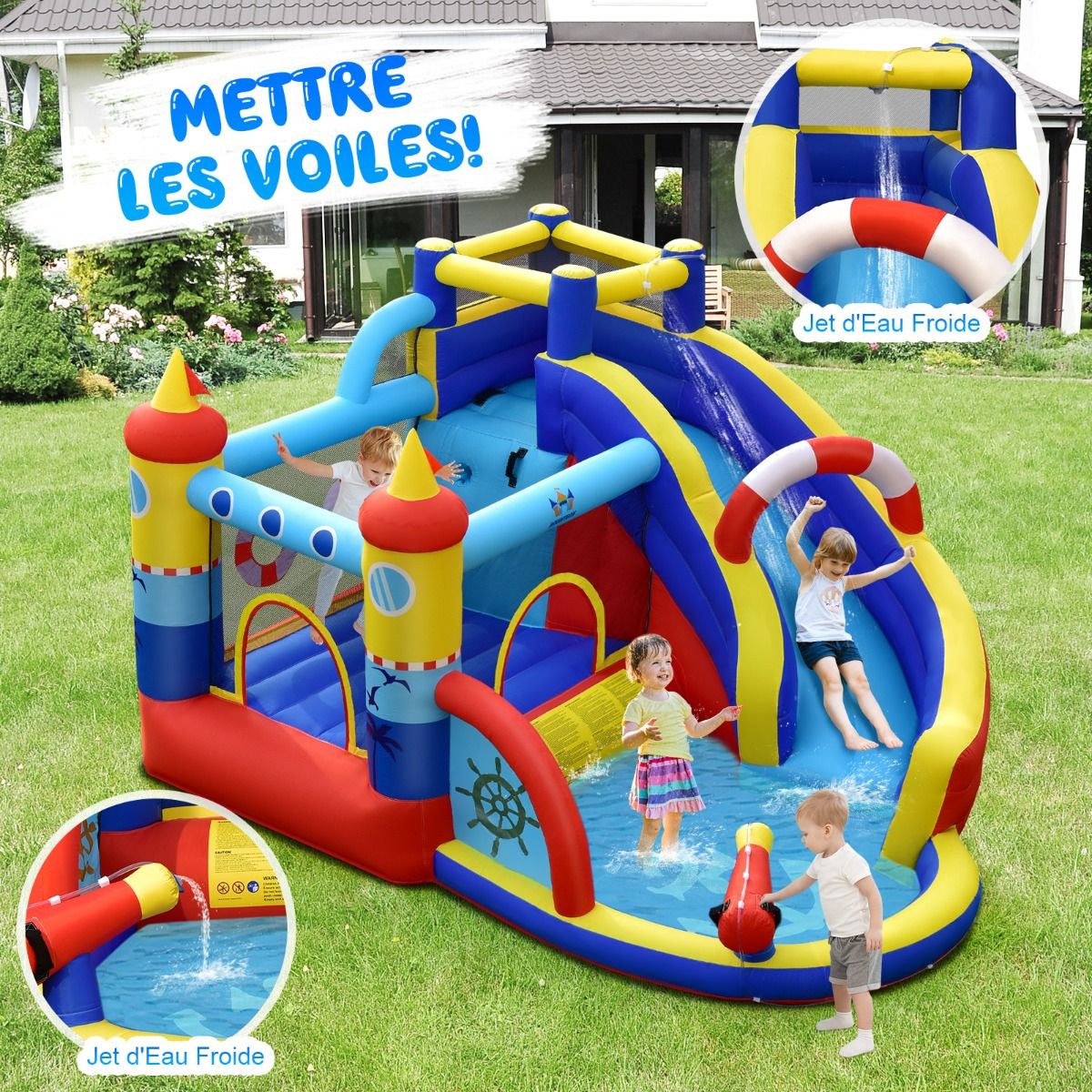 Boat Style Inflatable Castle with Curved Slide Jump Zone Climbing Wall Inflator Not Included -