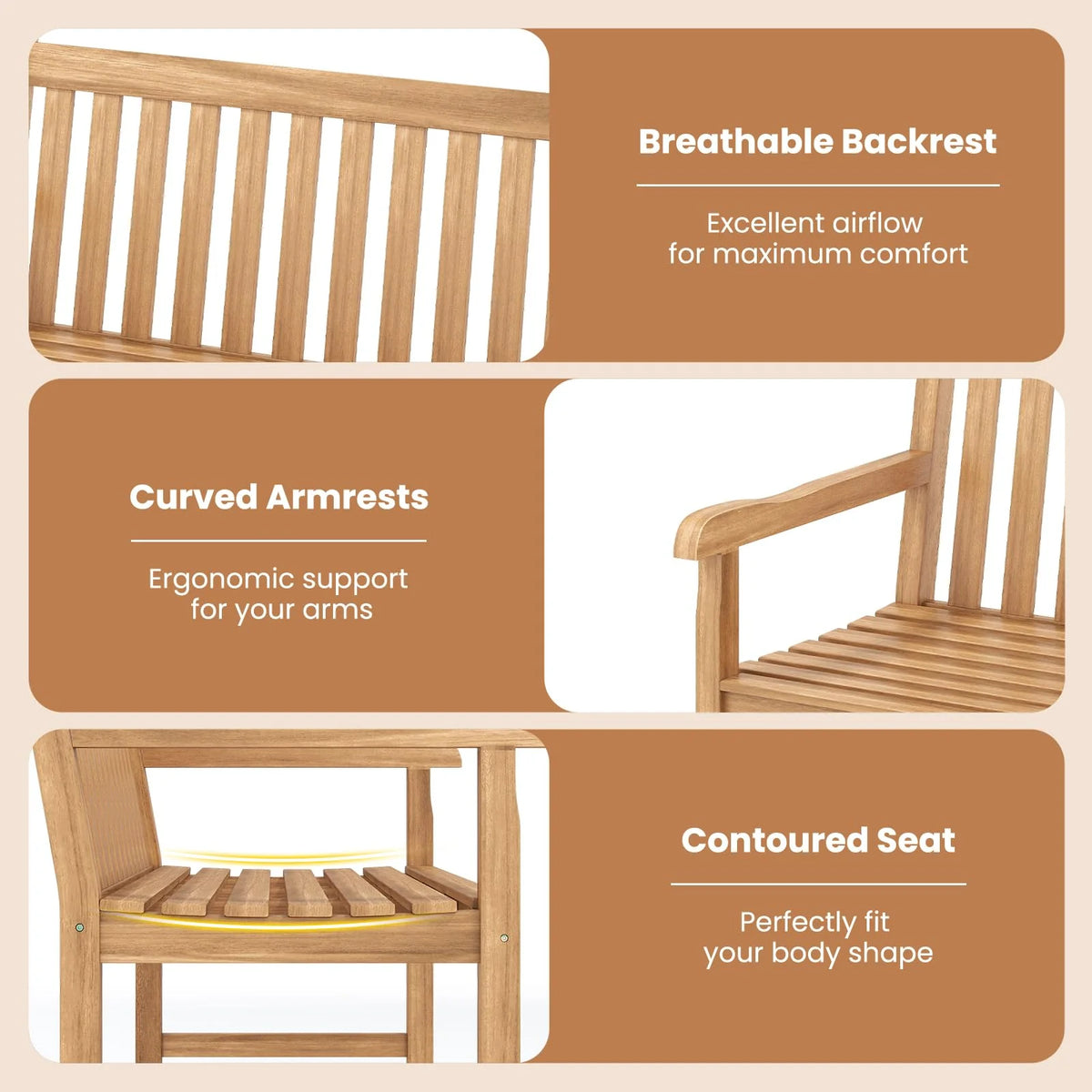 Tangkula 51" Teak Wood Outdoor Bench 2-Person Solid Wood Garden Patio Bench - Product image 7