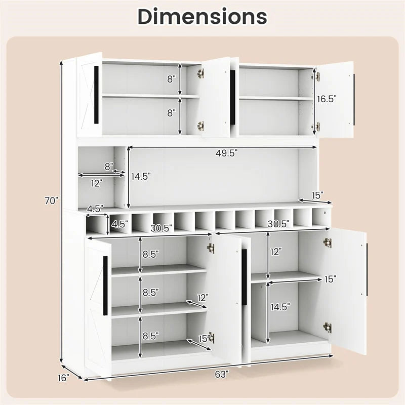 70" Farmhouse Pantry Cabinet, Kitchen Buffet Hutch with 12-Bottle Wine Rack, 8-Door Storage Cupboard - Product image 17