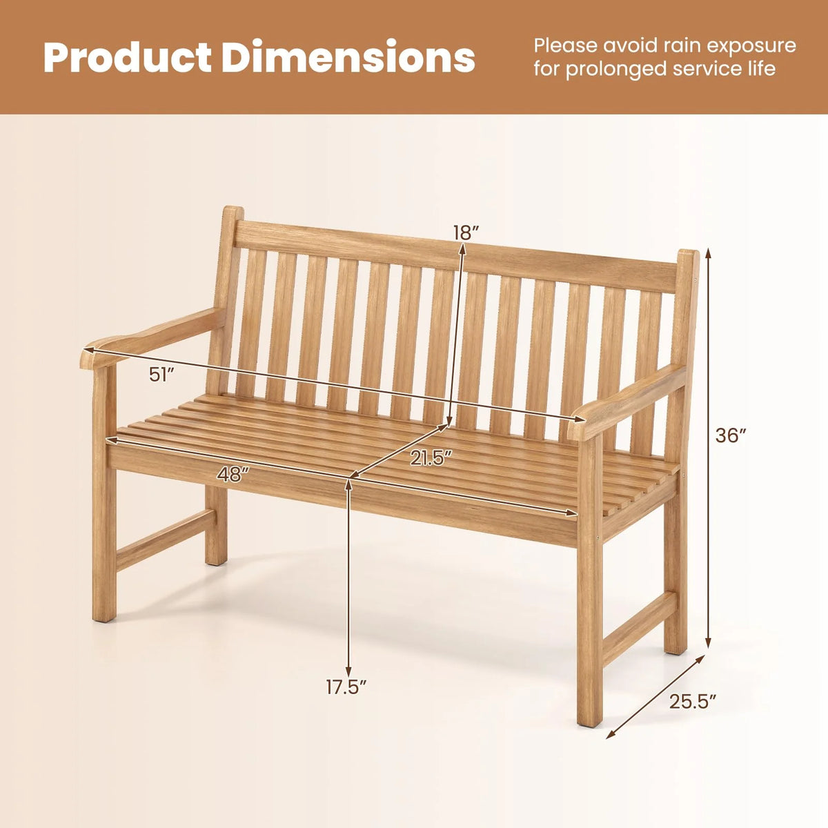 Tangkula 51" Teak Wood Outdoor Bench 2-Person Solid Wood Garden Patio Bench - Product image 3
