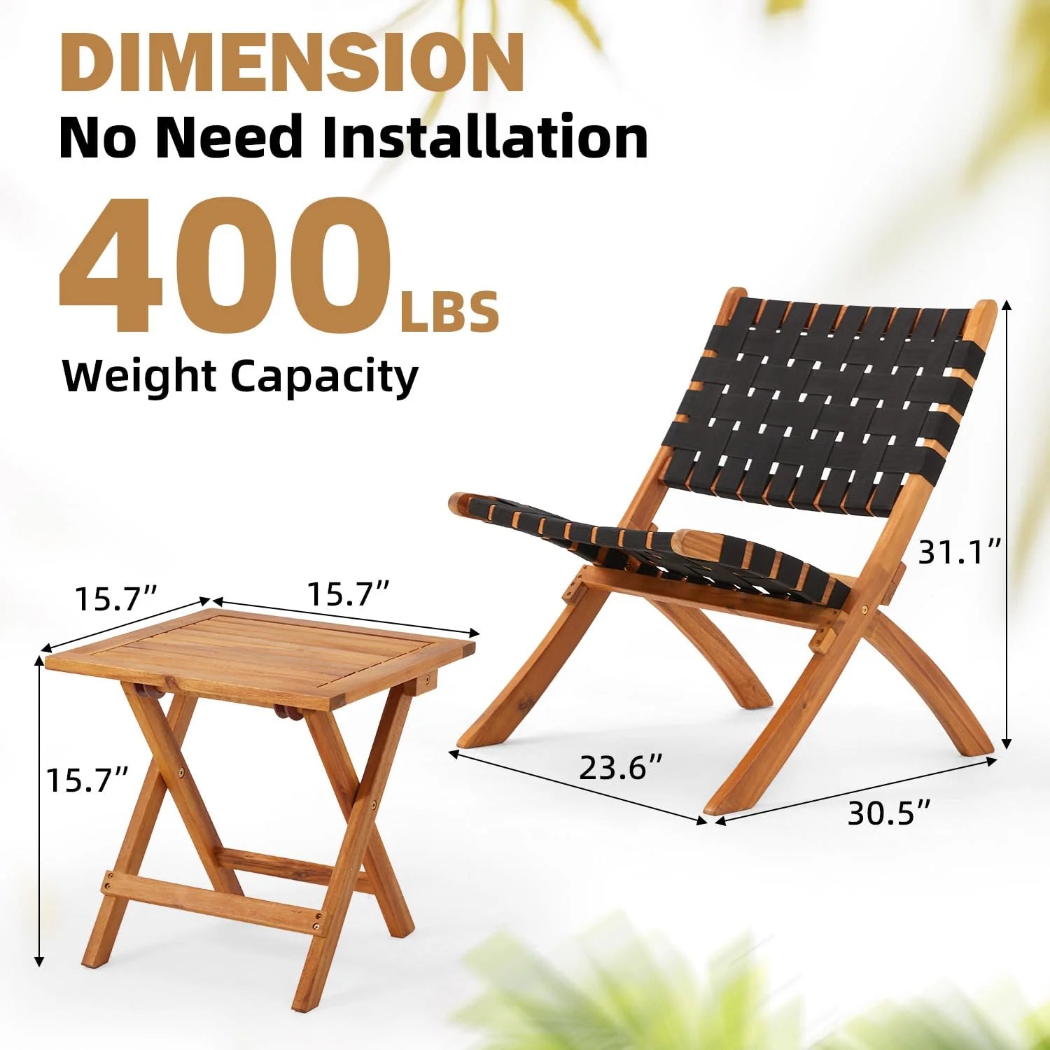 AECOJOY 3 Piece Patio Furniture Set, Acacia Wood Outdoor Bistro Set with Coffee Table & Folding Chairs - Product image 3