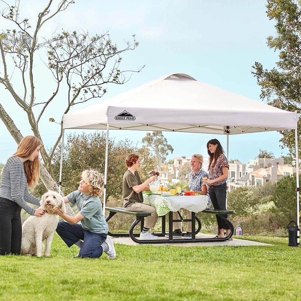EAGLE PEAK Pop-up Foldable Garden Gazebo 3x3m, Folding Tent with Straight Legs Adjustable Height Awning for Camping Beach Festival with Wheeled Bag (White)