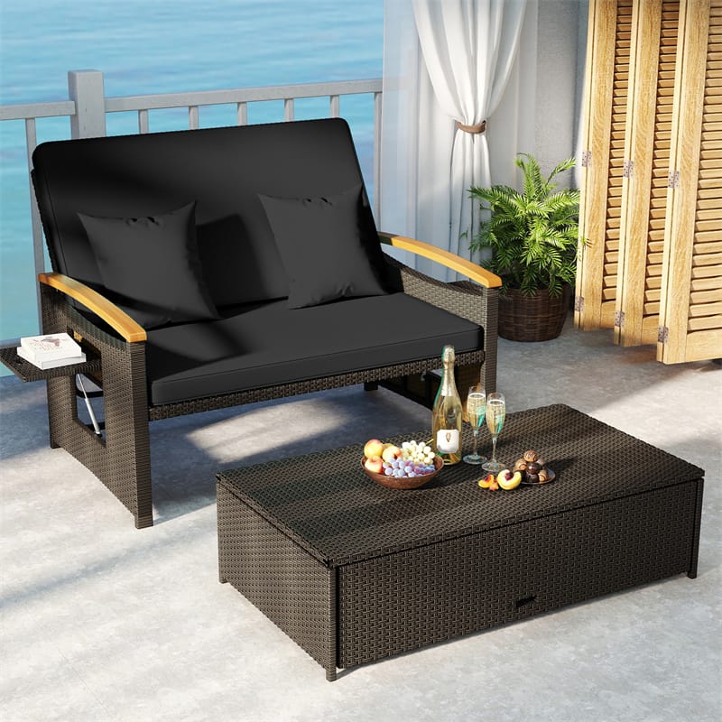 Patio Rattan Daybed with Adjustable Backrest, 2-Person Outdoor Wicker Loveseat with Storage Ottoman - Product image 24