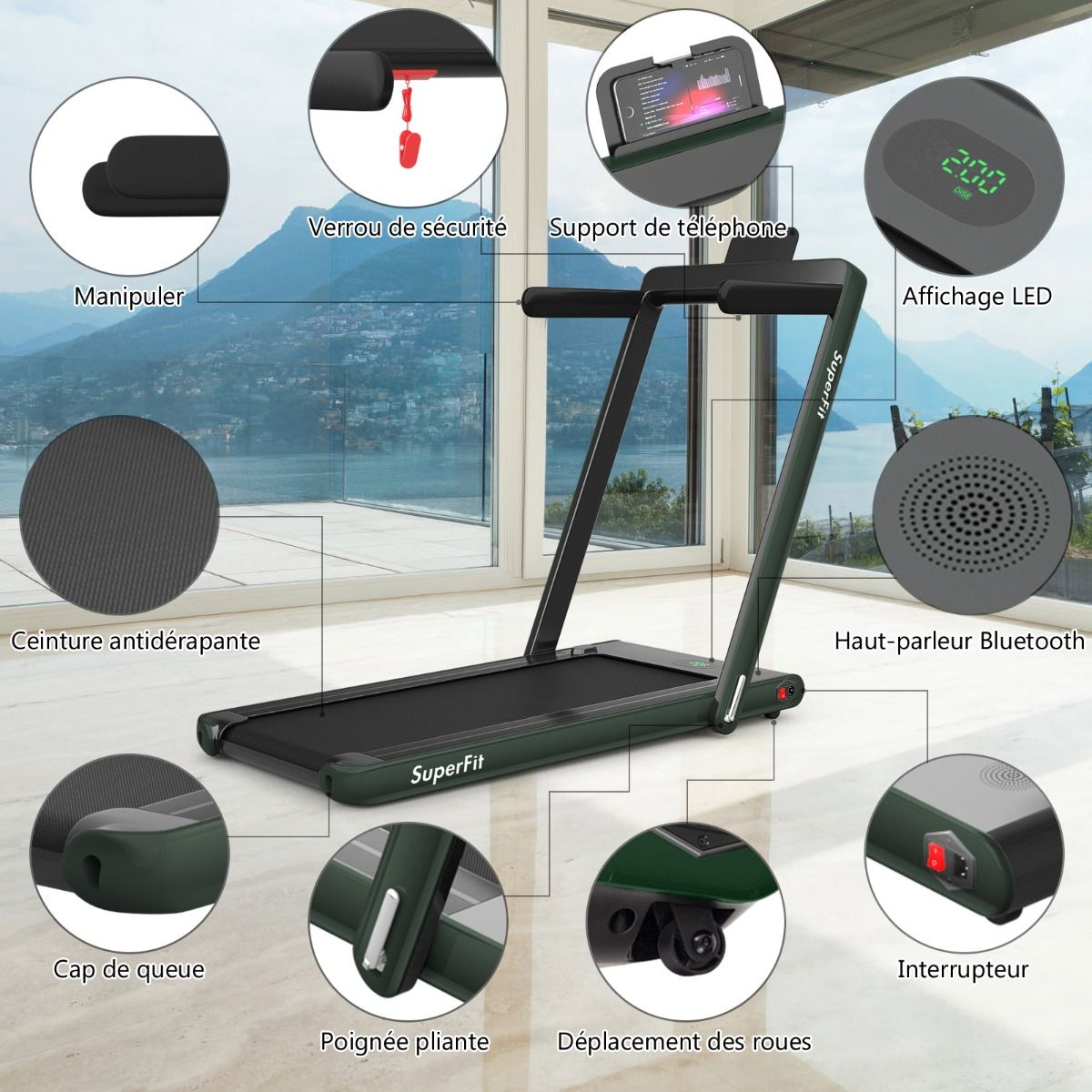 2 in 1 Foldable Electric Treadmill 1 to 12 Km/H with Bluetooth Speaker Remote Control 0.75HP Motor Green/White/Black/Red/Gold/Black and Silver/Blue -
