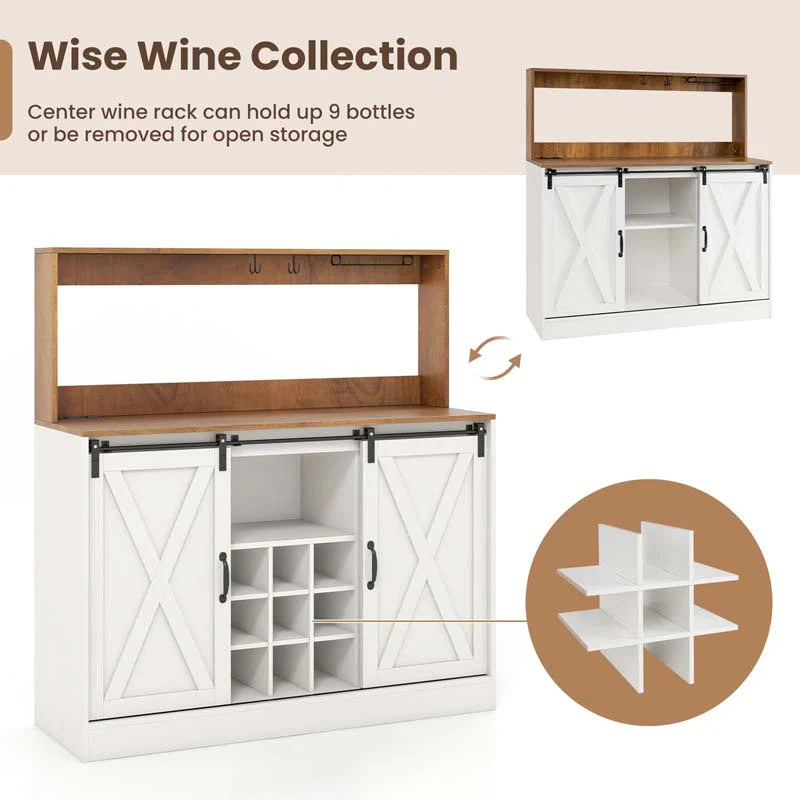 Farmhouse Coffee Bar Cabinet with Charging Station, 2 Sliding Barn Doors, 9-Bottle Wine Rack & Glass Holder - Product image 8