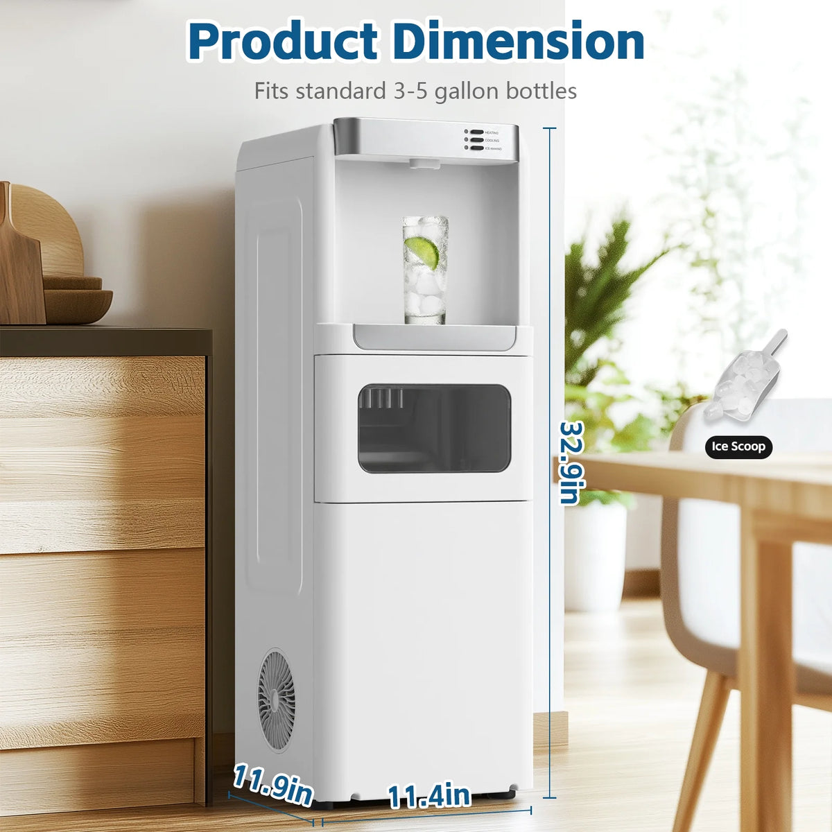 Advwin 3 - in - 1 Water Dispenser with Ice Maker, 33 lb/24H, Top Loading 3 or 5 Gallon, Water Cooler Dispenser for Home Office, Hot & Cold Water Dispenser, Child Lock