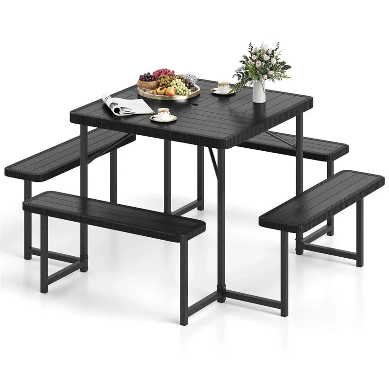 4-8 Person Outdoor Picnic Table Bench Set, All-Weather HDPE Square Dining Table with Umbrella Hole, 4 Benches & Metal Frame for Patio Backyard