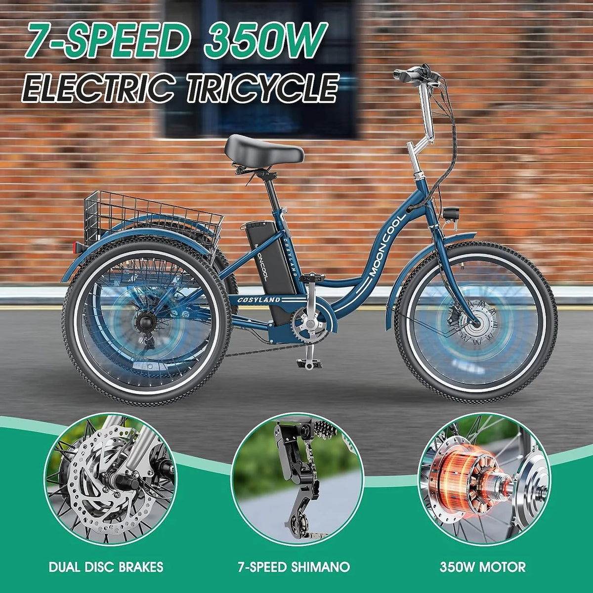 Mooncool 24" 26" 3 Wheel Electric Tricycle for Adults, 350W 36V 7 Speeds Motorized Electric Trike Three - Product image 4