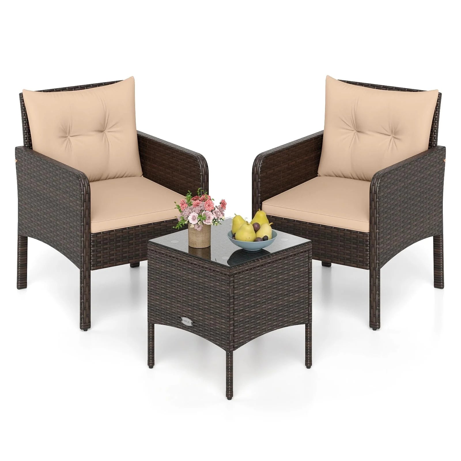 Tangkula 3 Piece Patio Bistro Set Rattan Wicker Outdoor Conversation Set with Cushions and Coffee Table - Product image 1
