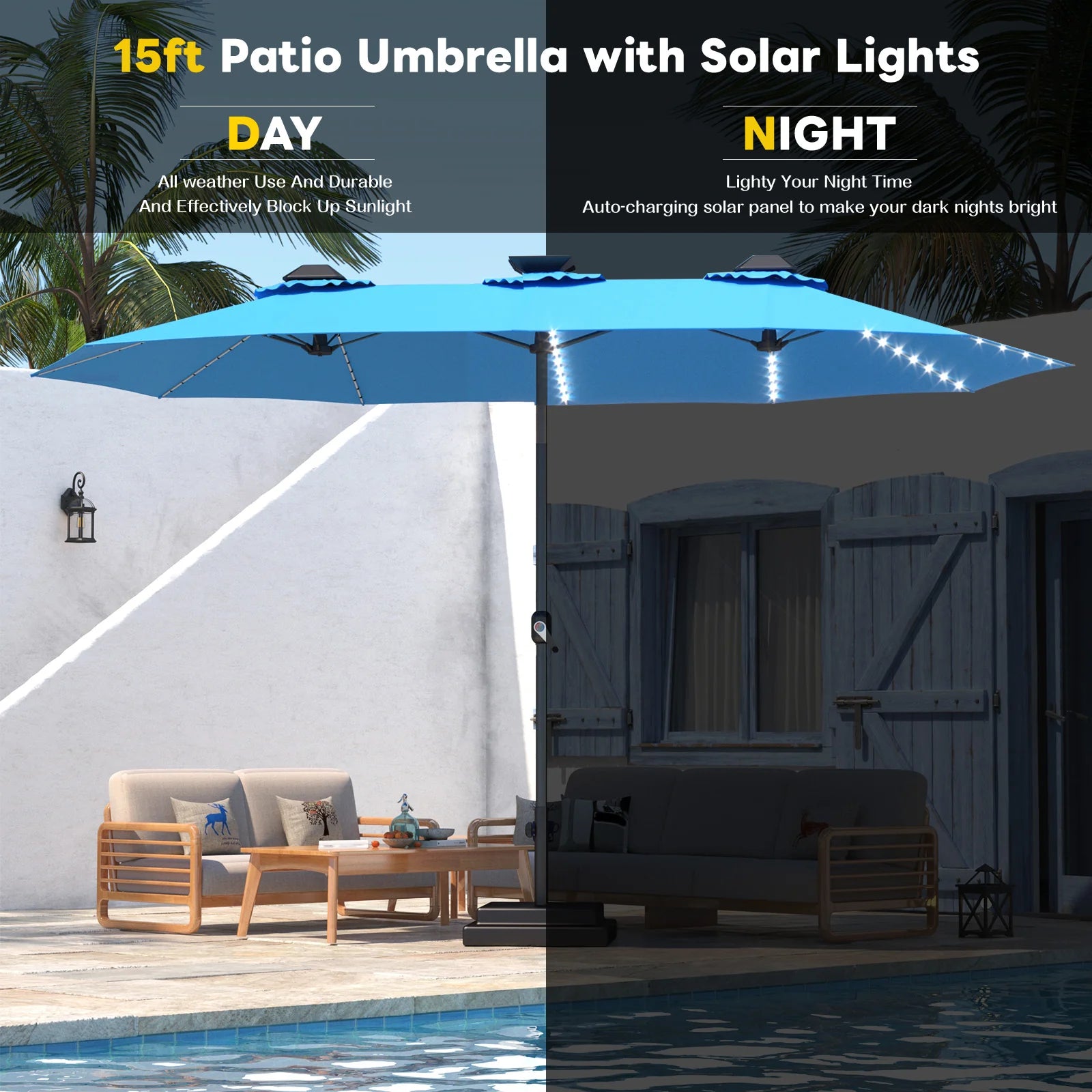 AECOJOY 15ft Patio Double-Sided Umbrella, 156 PCS Solar LED Light Outdoor Large Umbrella, Sky Blue - Product image 6