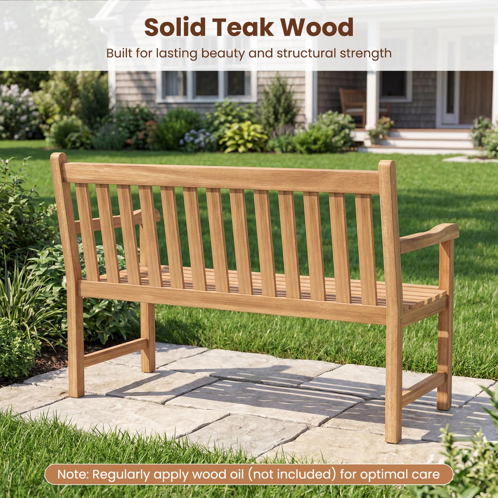 Tangkula 51" Teak Wood Outdoor Bench 2-Person Solid Wood Garden Patio Bench - Product image 9