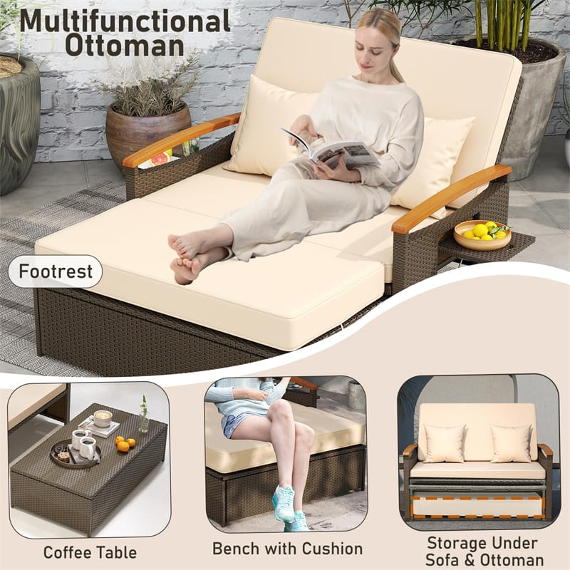 Patio Rattan Daybed with Adjustable Backrest, 2-Person Outdoor Wicker Loveseat with Storage Ottoman - Product image 4