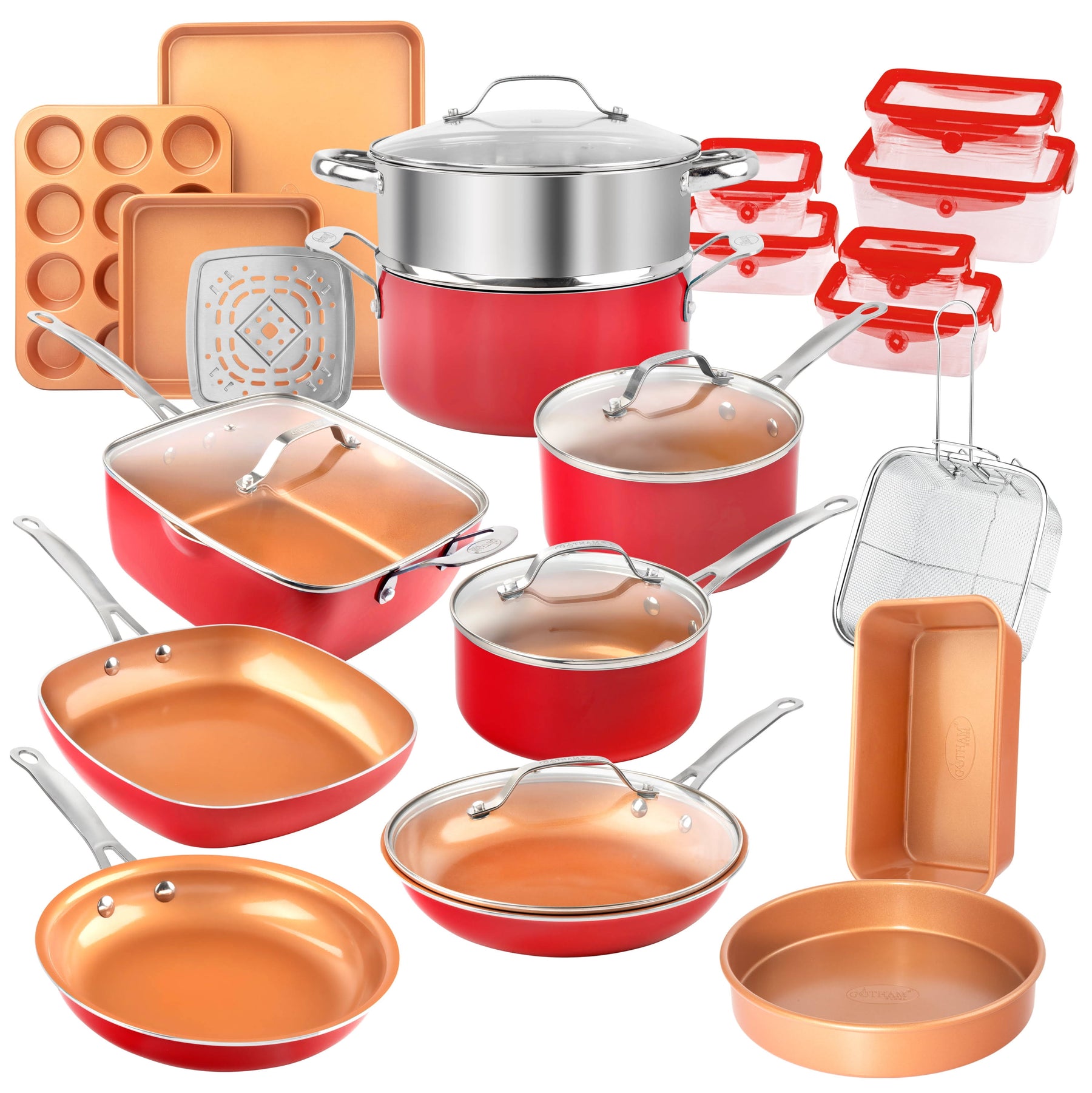 Gotham Steel 32 Piece Cookware Set, Bakeware and Food Storage Set, Nonstick Pots and Pans, Red - Product image 1