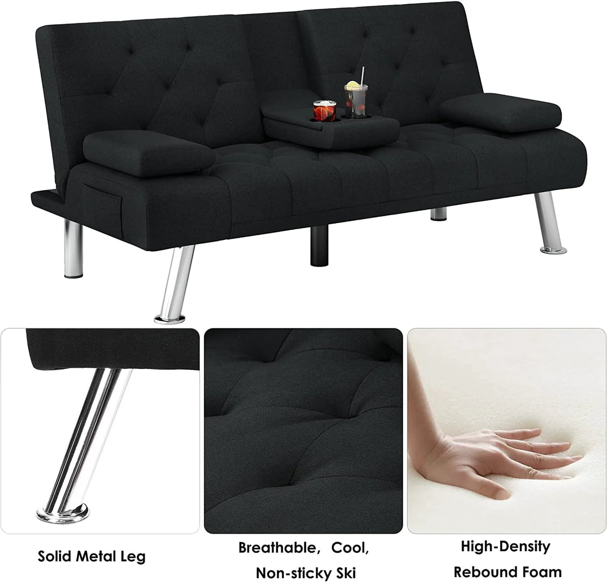 Homfa 66.3'' Upholstered Sofa Bed Couch, Convertible Futon Folding Sleeper Sofa with Removable Armrests and - Product image 7