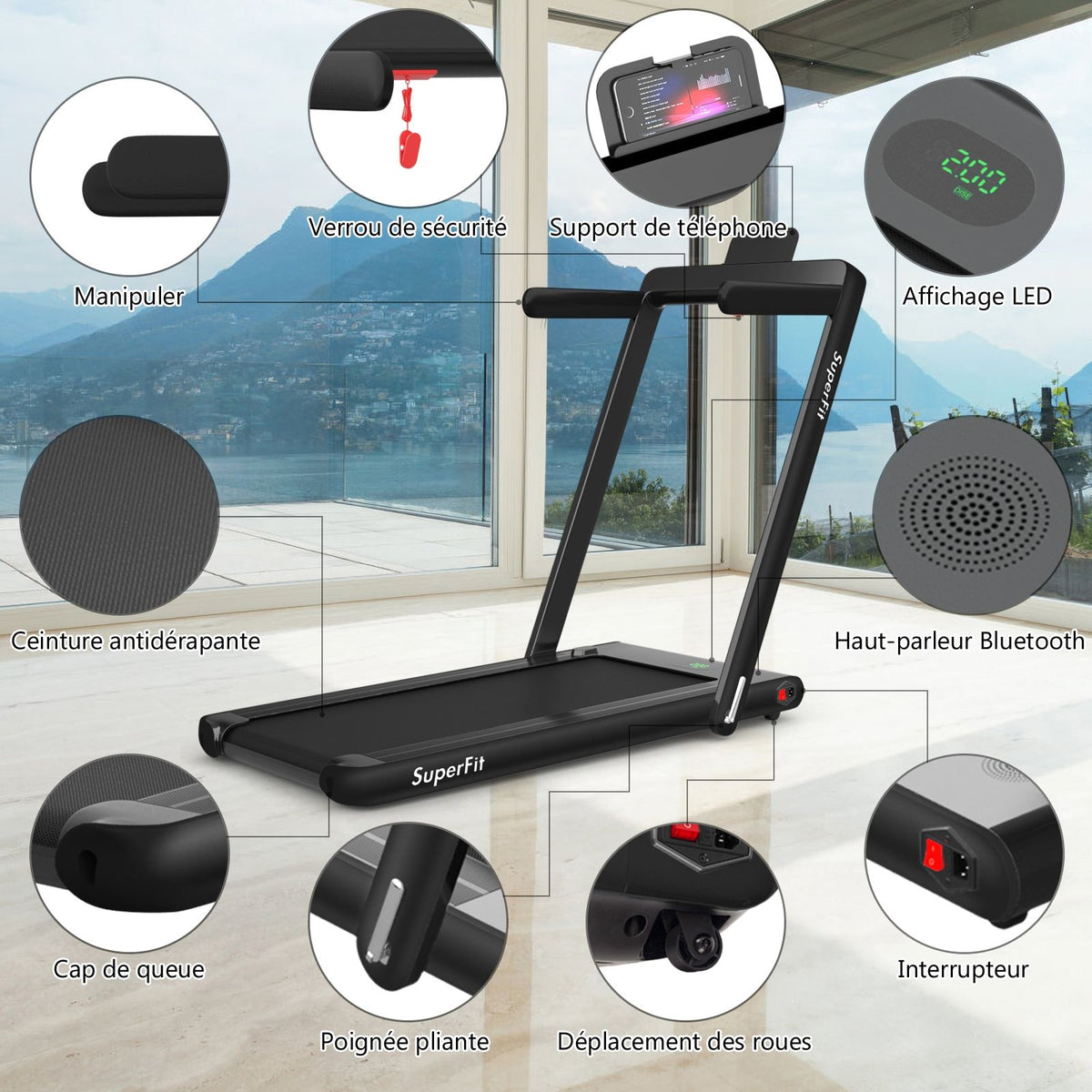 2 in 1 Foldable Electric Treadmill 1 to 12 Km/H with Bluetooth Speaker Remote Control 0.75HP Motor Green/White/Black/Red/Gold/Black and Silver/Blue -