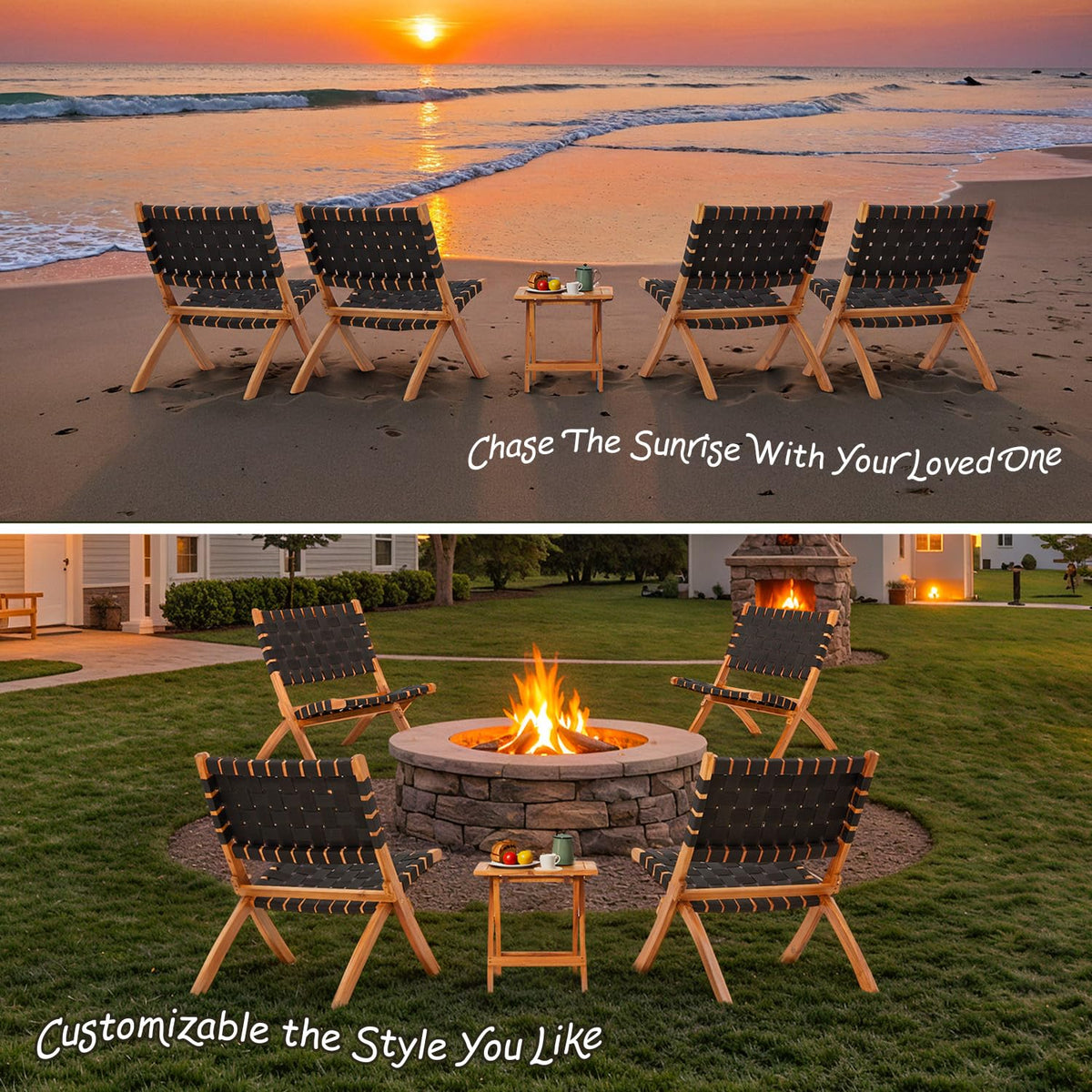 AECOJOY 3 Piece Patio Furniture Set, Acacia Wood Outdoor Bistro Set with Coffee Table & Folding Chairs - Product image 8