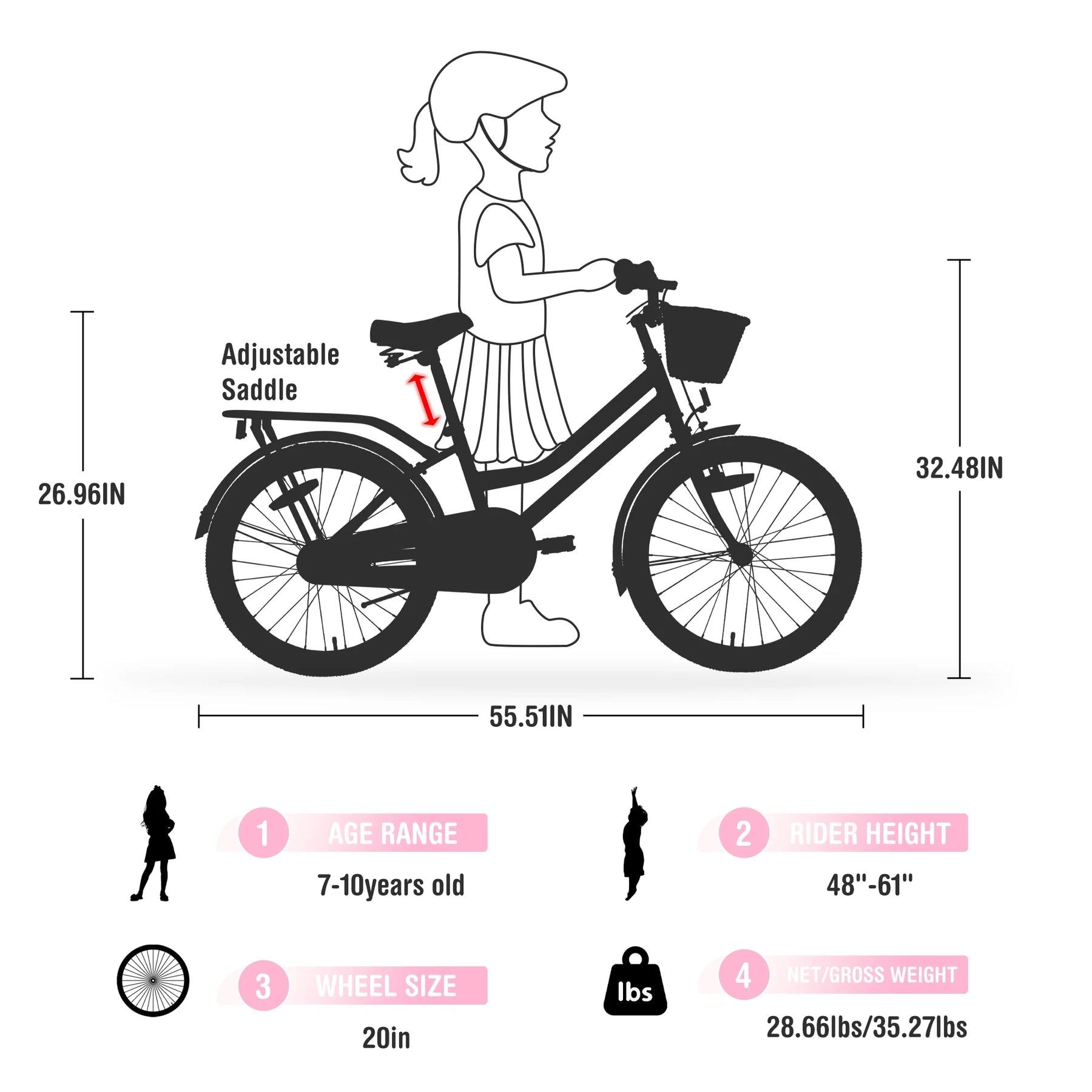 20" Kids Bike Girls Bike with Basket Single Speed Steel Frame Children Bicycle for 7 - 10 Years, Pink - Product image 8