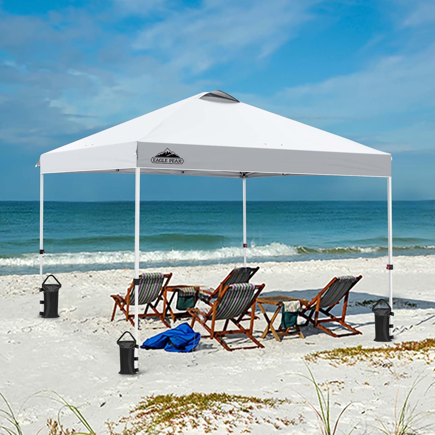 EAGLE PEAK Pop-up Foldable Garden Gazebo 3x3m, Folding Tent with Straight Legs Adjustable Height Awning for Camping Beach Festival with Wheeled Bag (White)