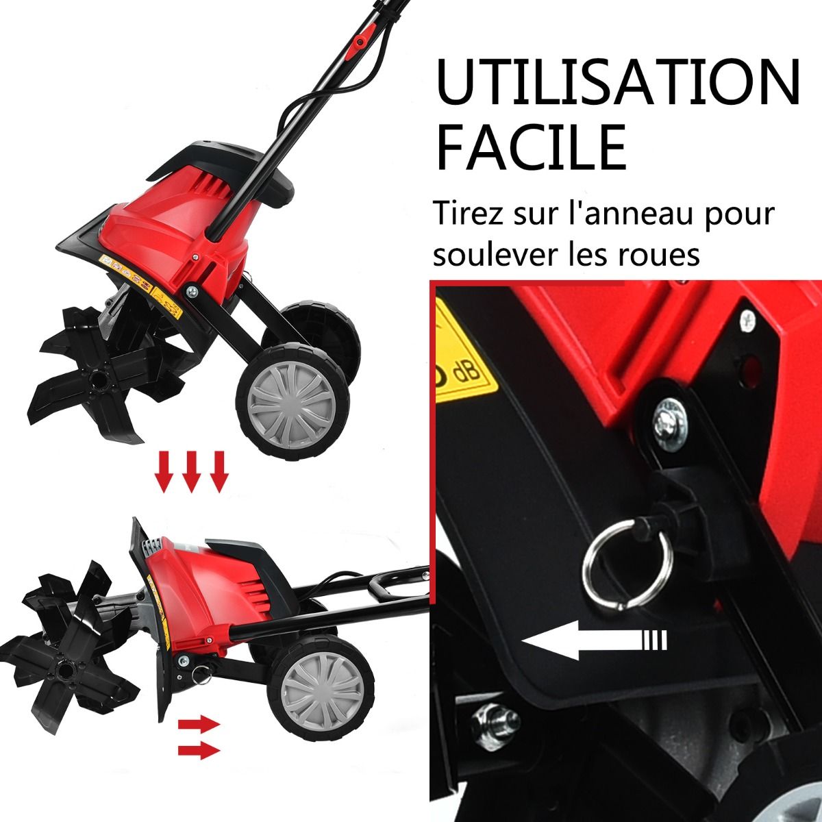 Electric Tiller 1200W Working Depth 22CM Width 35CM with Foldable Handle Adjustable Wheels 4 Blades -