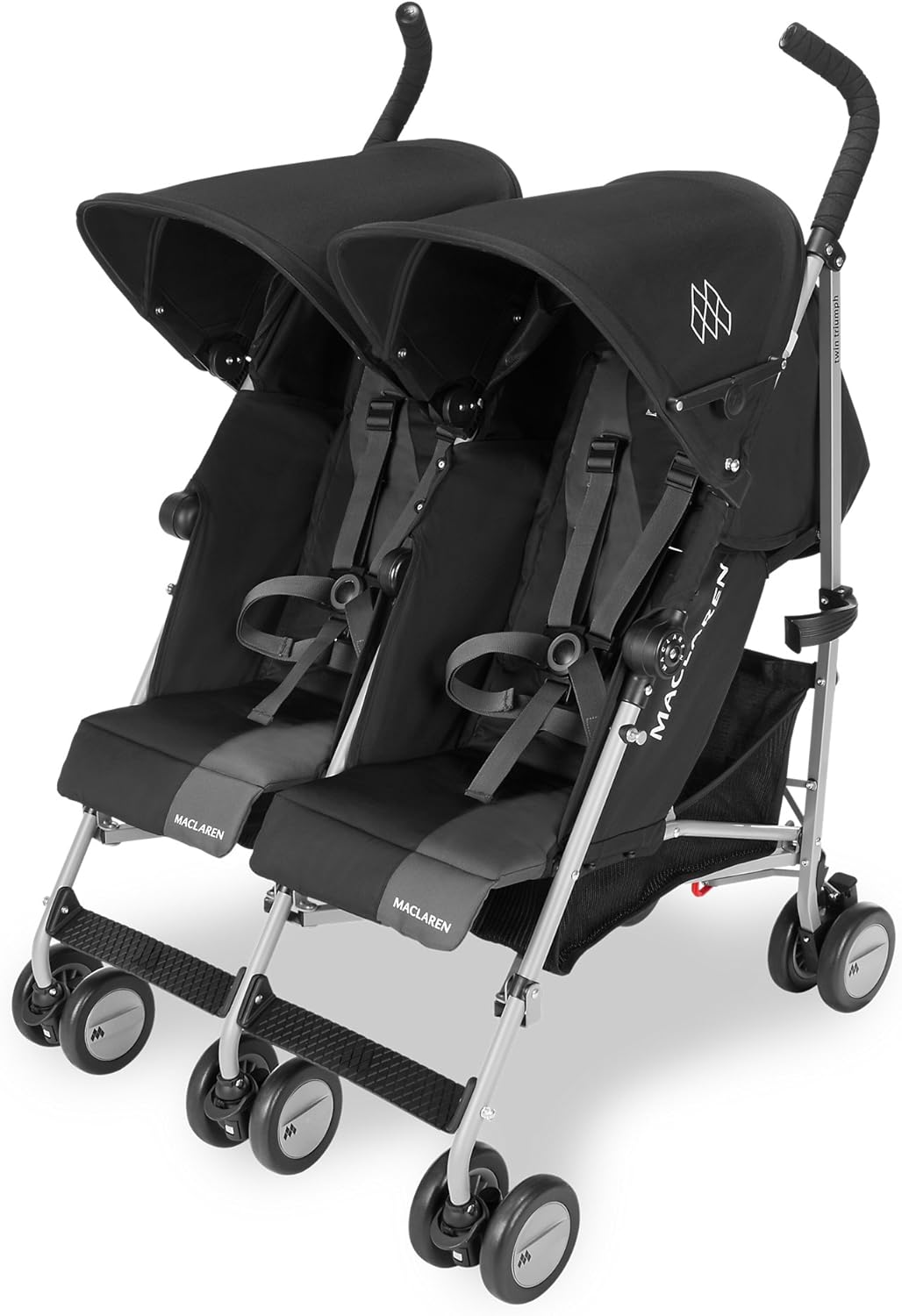 Maclaren Twin Triumph double stroller (6 months, up to 15 kg, one child per seat), lightweight and compact, UPF 50+ extendable hood with rain cover - Black/Anthracite