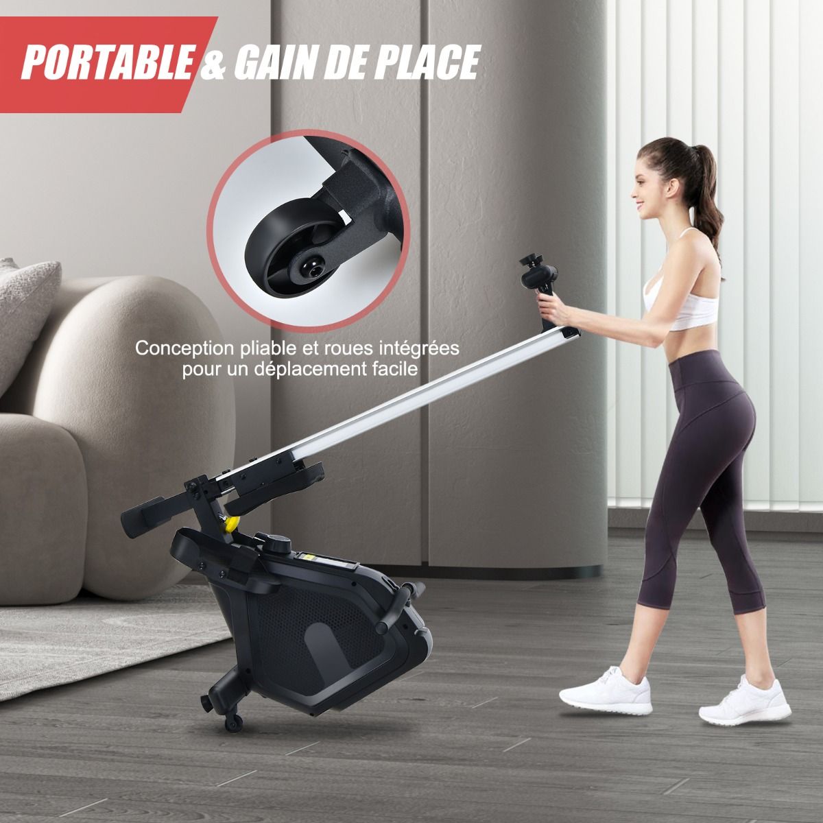 Magnetic Rowing Machine 8-Level Resistance Foldable 2 Flexible Wheels Aluminum Sliding Rail LCD Screen Device Support -