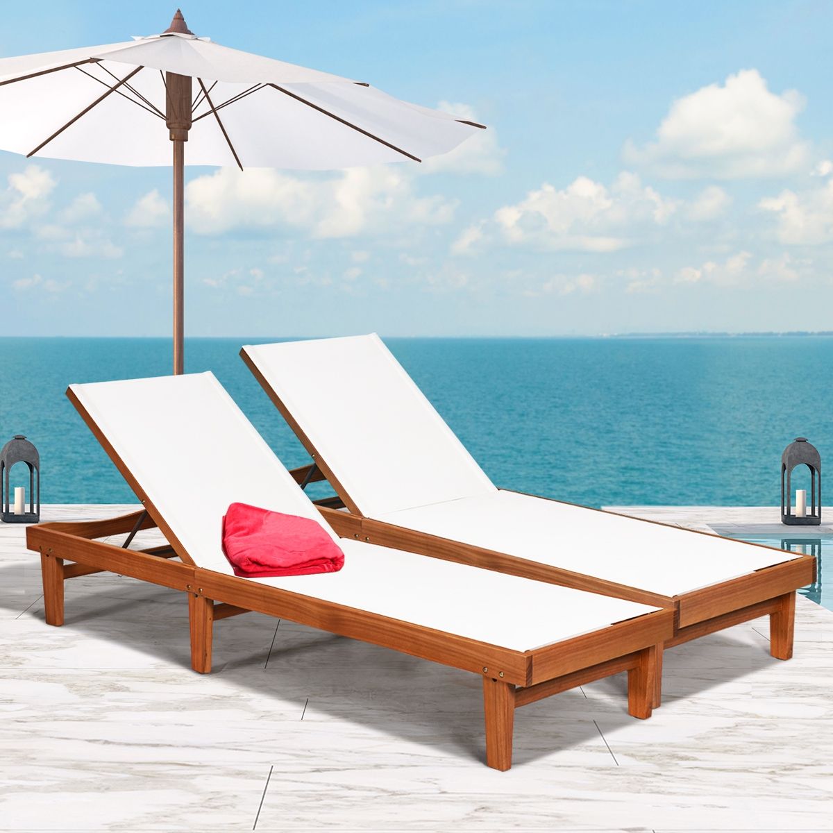Garden Deck Chair Reclining Backrest in Eucalyptus Wood Breathable Fabric for Patio Veranda Swimming Pool Load 180KG -