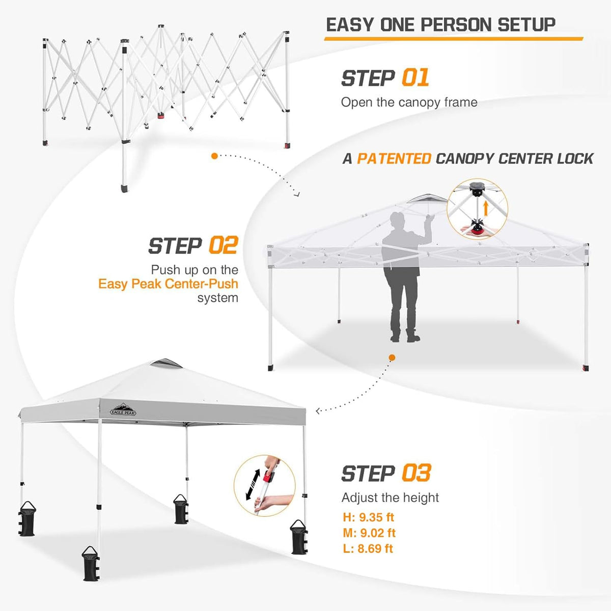 EAGLE PEAK Pop-up Foldable Garden Gazebo 3x3m, Folding Tent with Straight Legs Adjustable Height Awning for Camping Beach Festival with Wheeled Bag (White)