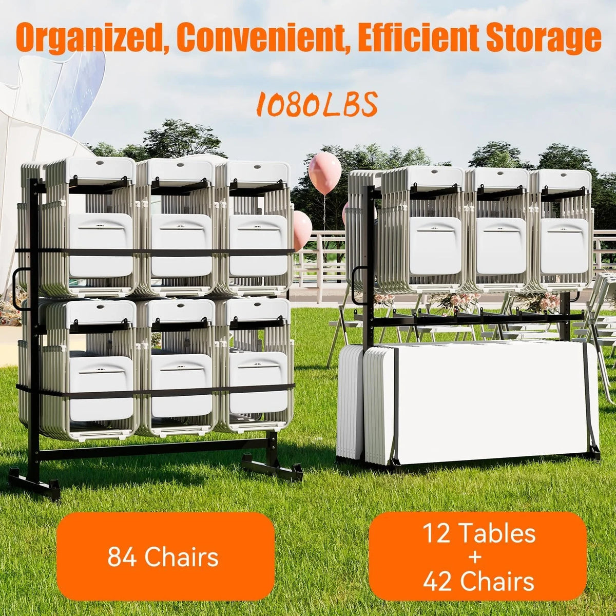 AECOJOY Folding Chair Rack, Heavy Duty 1080LBS Weight Capacity Chair Cart for 84 Chairs or 12 Tables - Product image 4