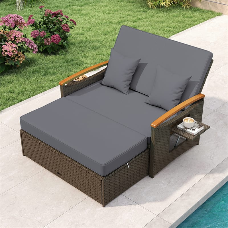 Patio Rattan Daybed with Adjustable Backrest, 2-Person Outdoor Wicker Loveseat with Storage Ottoman - Product image 14