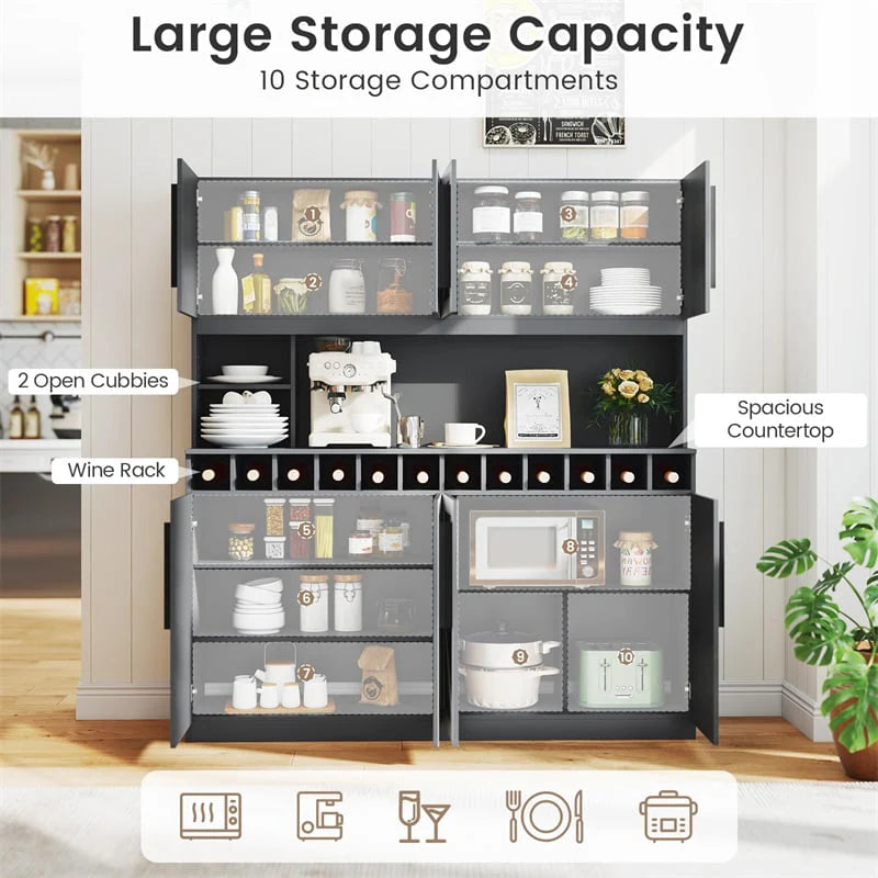 70" Farmhouse Pantry Cabinet, Kitchen Buffet Hutch with 12-Bottle Wine Rack, 8-Door Storage Cupboard - Product image 8