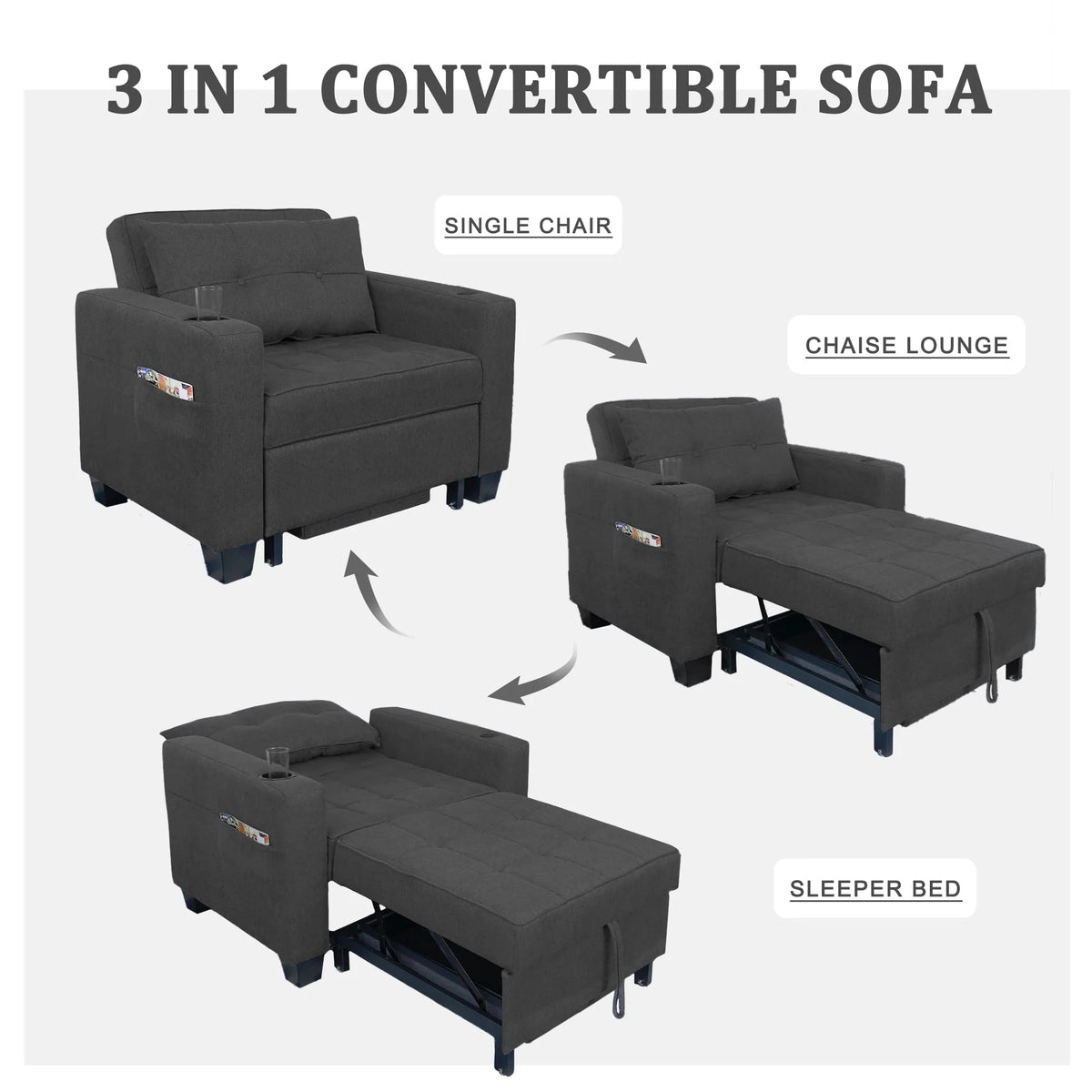 DURASPACE 3 in 1 Convertible Sleeper Chair Bed with Usb Port, Linen Pull Out Chair Indoor, Dark Gray - Product image 2