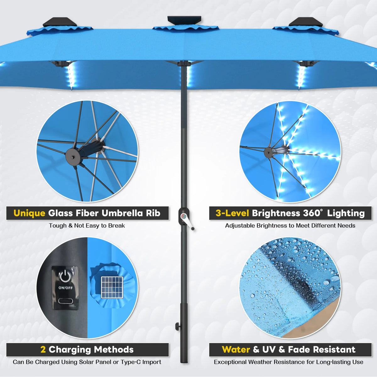 AECOJOY 15ft Patio Double-Sided Umbrella, 156 PCS Solar LED Light Outdoor Large Umbrella, Sky Blue - Product image 5