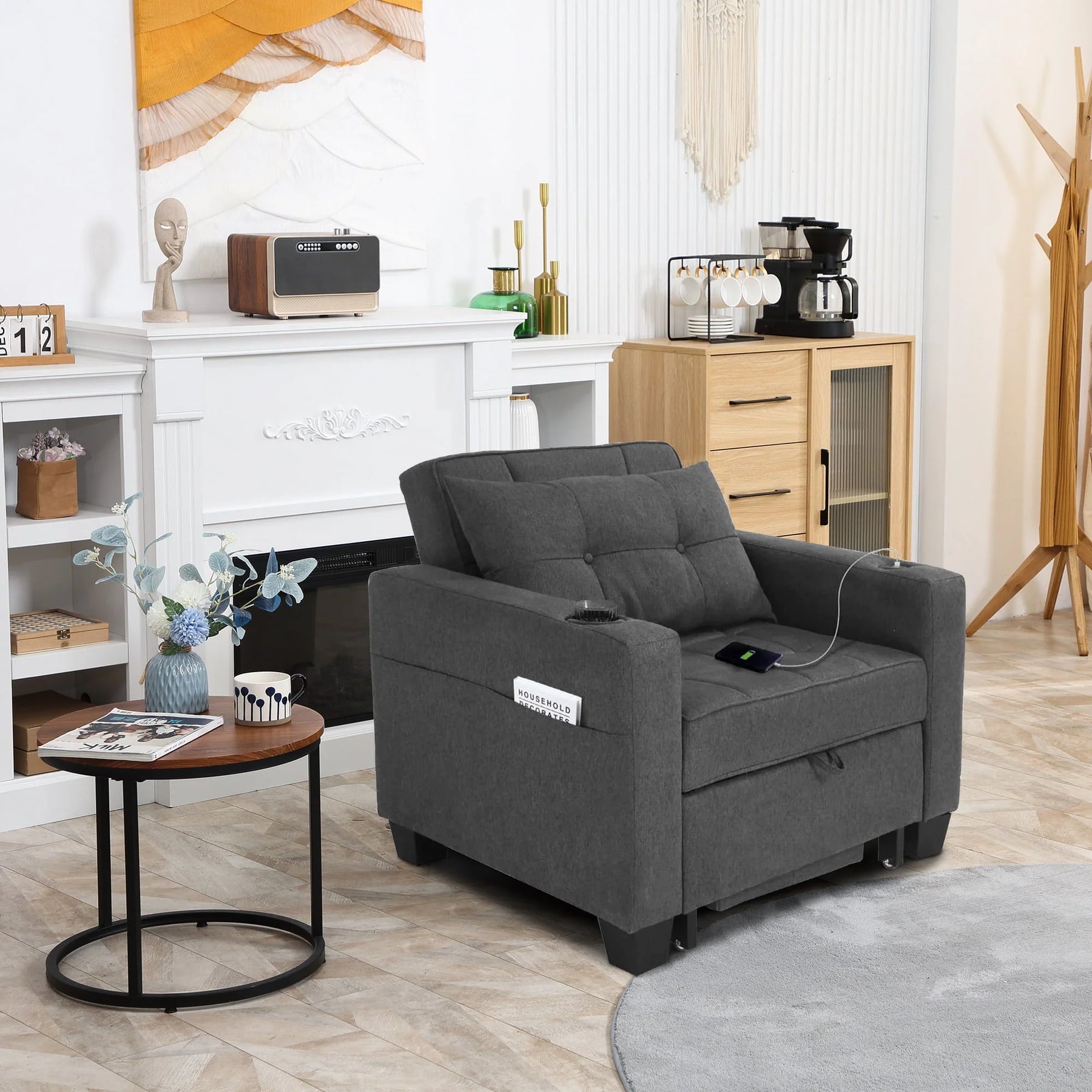 DURASPACE 3 in 1 Convertible Sleeper Chair Bed with Usb Port, Linen Pull Out Chair Indoor, Dark Gray - Product image 9