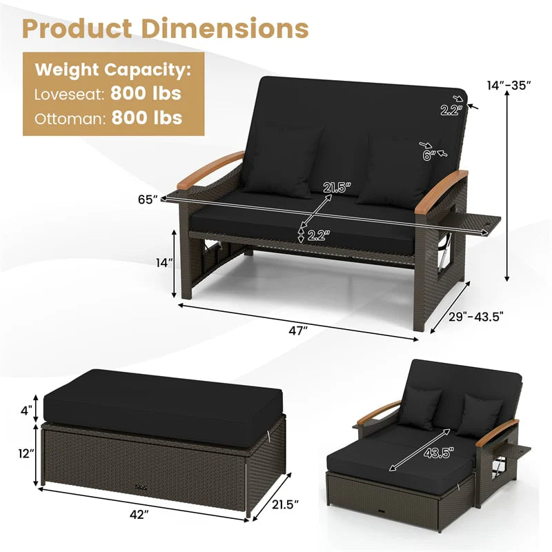 Patio Rattan Daybed with Adjustable Backrest, 2-Person Outdoor Wicker Loveseat with Storage Ottoman - Product image 28