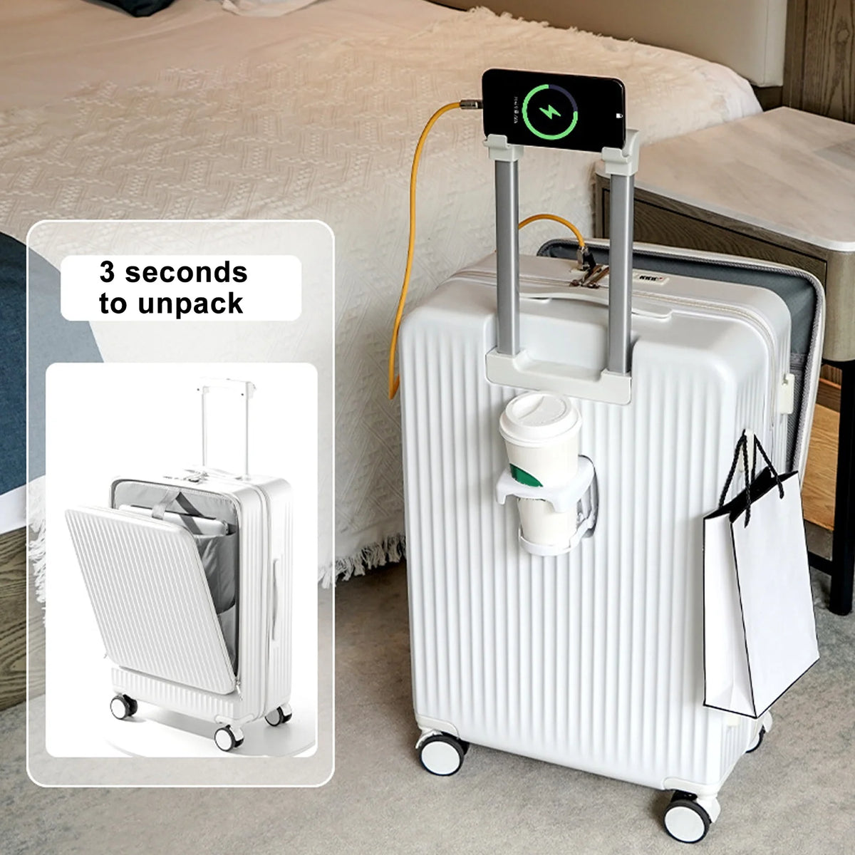 24 in Checked Luggage with Front Pocket, USB Charging Port, Built - in Lock Carry on Suitcase, Cup Holder and Phone Holder, Medium Hardside Suitcase with Spinner Wheels, White