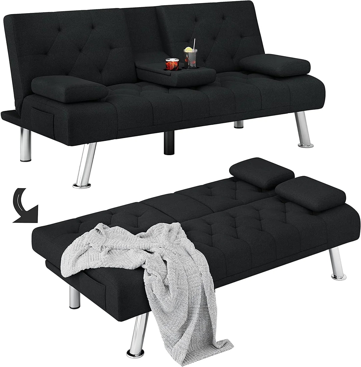 Homfa 66.3'' Upholstered Sofa Bed Couch, Convertible Futon Folding Sleeper Sofa with Removable Armrests and - Product image 8