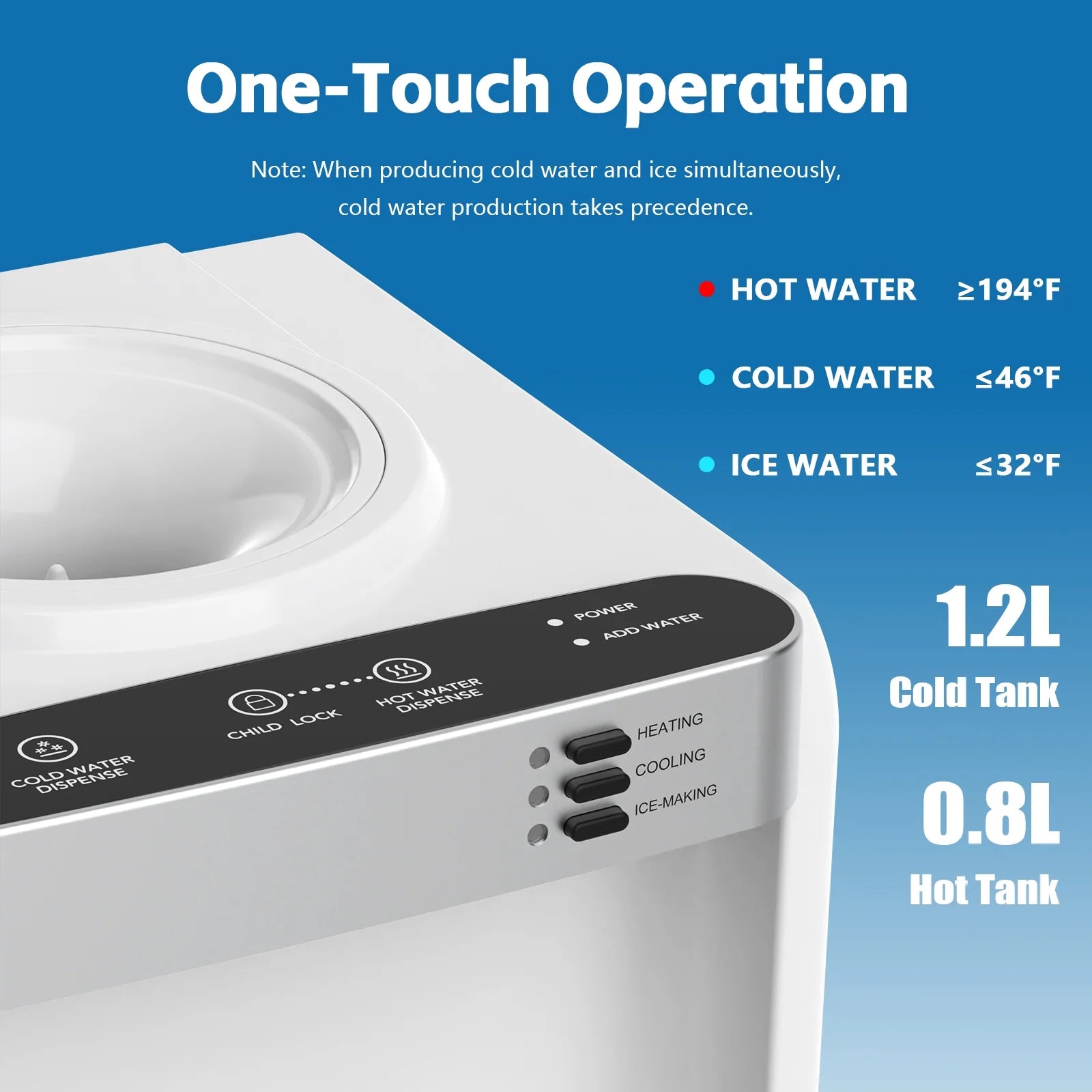 Advwin 3 - in - 1 Water Dispenser with Ice Maker, 33 lb/24H, Top Loading 3 or 5 Gallon, Water Cooler Dispenser for Home Office, Hot & Cold Water Dispenser, Child Lock