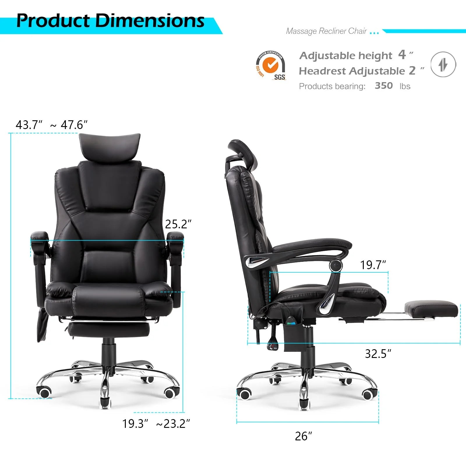 AECOJOY Office Chair with 7 Points Vibration Massage&Heat, Adjustable Ergonomic Recliner, Black - Product image 3