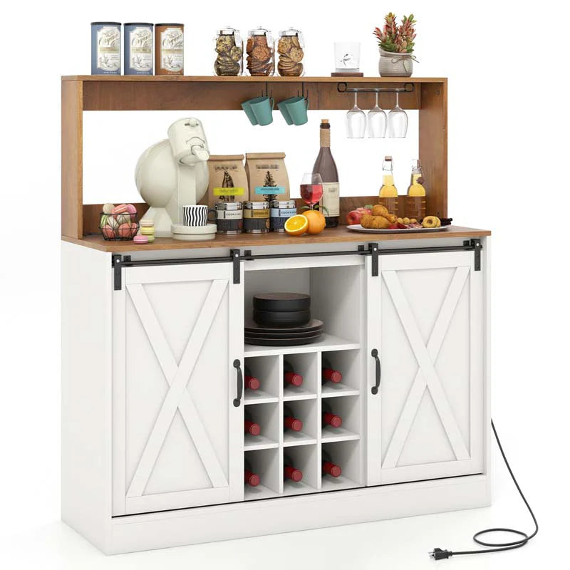 Farmhouse Coffee Bar Cabinet with Charging Station, 2 Sliding Barn Doors, 9-Bottle Wine Rack & Glass Holder - Product image 1