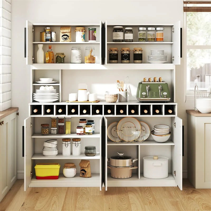 70" Farmhouse Pantry Cabinet, Kitchen Buffet Hutch with 12-Bottle Wine Rack, 8-Door Storage Cupboard - Product image 15