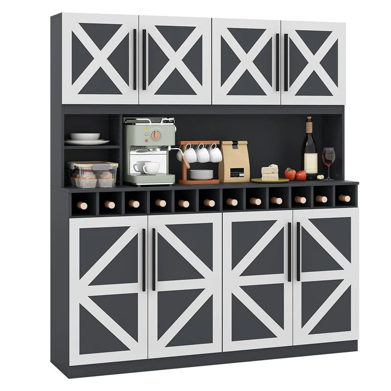 70" Farmhouse Pantry Cabinet, Kitchen Buffet Hutch with 12-Bottle Wine Rack, 8-Door Storage Cupboard - Product image 1