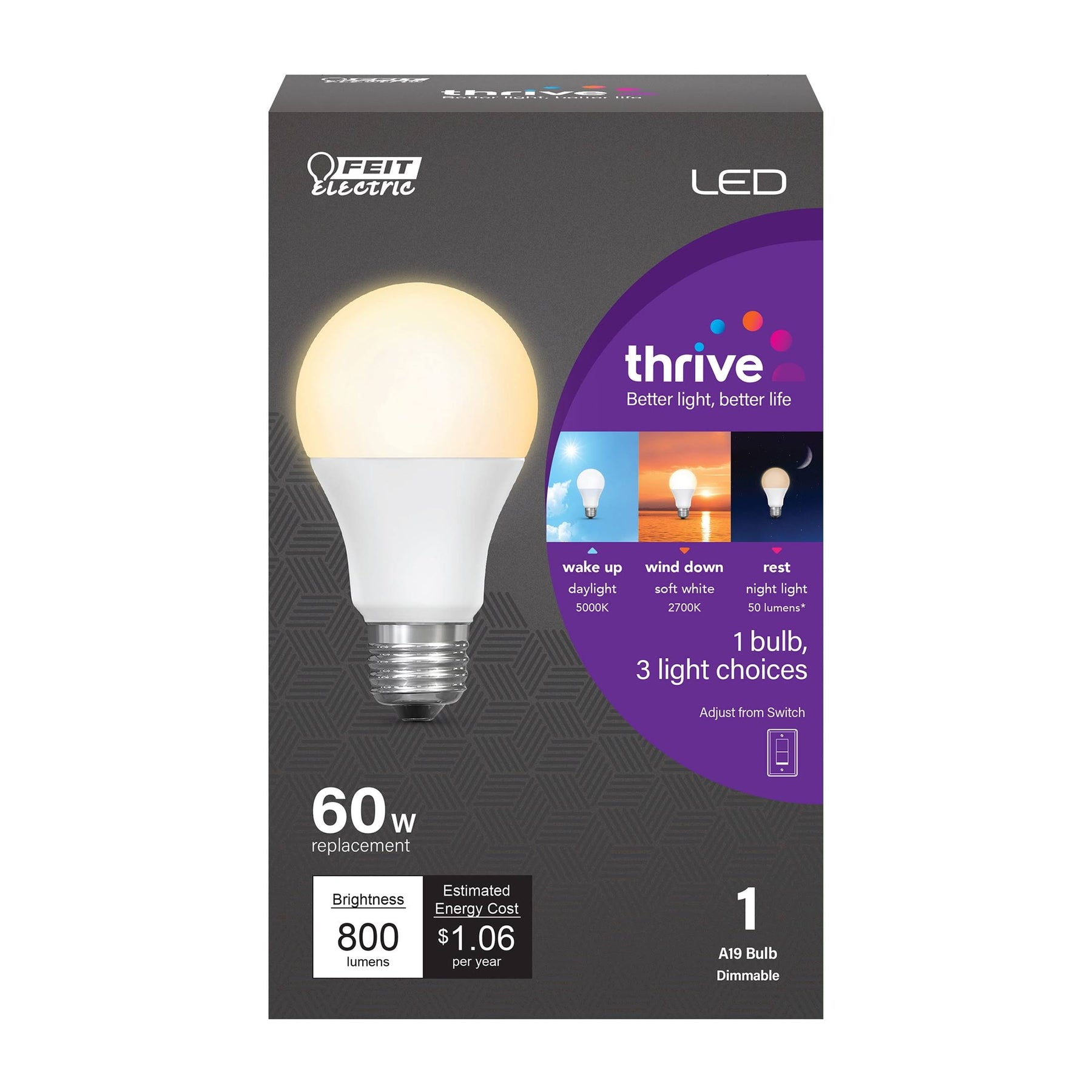 Feit Electric Day & Night Circadian + Night Light LED 8.8W (60 Watt Equiv) Bulb, A19, Med. E26 Base 17297 - Product image 1