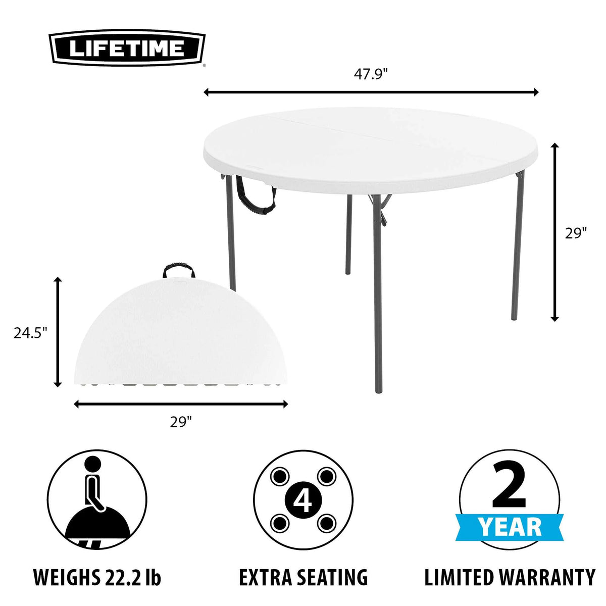 Lifetime 48 in Round Fold - in - Half Table, Indoor/Outdoor Essential, White Granite (280064) - Product image 5