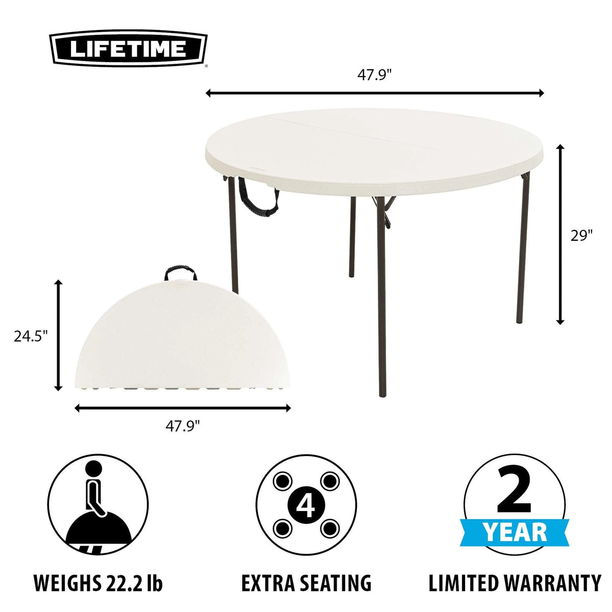 Lifetime 48 in Round Fold - in - Half Table, Indoor/Outdoor Essential, White Granite (280064) - Product image 14