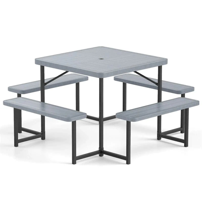 4-8 Person Outdoor Picnic Table Bench Set, All-Weather HDPE Square Dining Table with Umbrella Hole, 4 Benches & Metal Frame for Patio Backyard