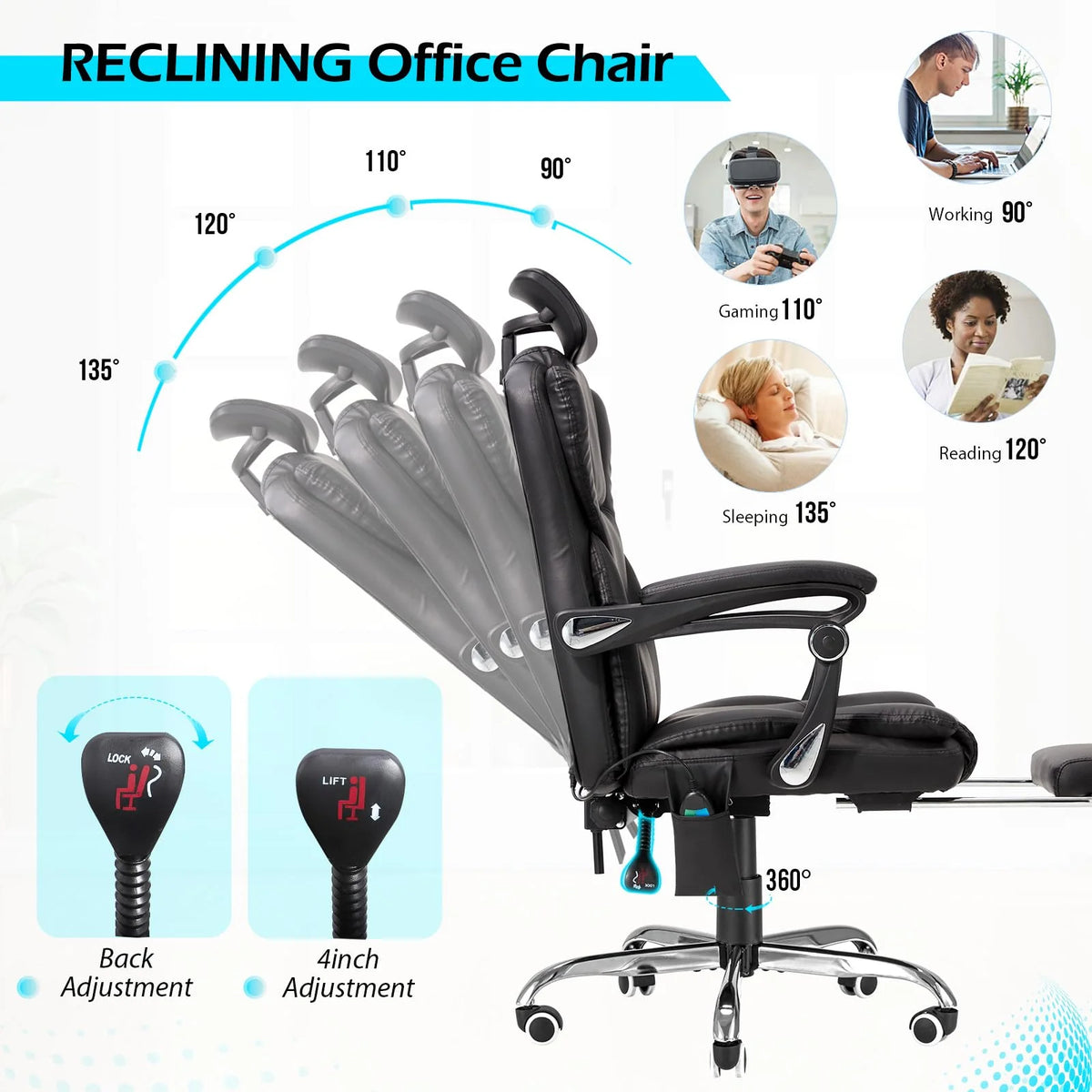 AECOJOY Office Chair with 7 Points Vibration Massage&Heat, Adjustable Ergonomic Recliner, Black - Product image 6