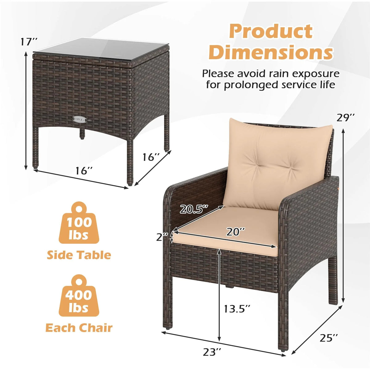 Tangkula 3 Piece Patio Bistro Set Rattan Wicker Outdoor Conversation Set with Cushions and Coffee Table - Product image 9
