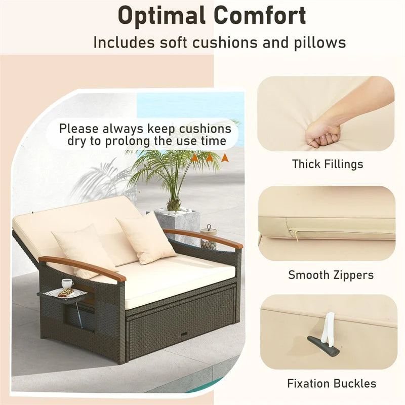 Patio Rattan Daybed with Adjustable Backrest, 2-Person Outdoor Wicker Loveseat with Storage Ottoman - Product image 5